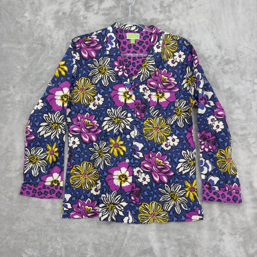 Vera Bradley Blouse Womens Medium Floral Animal Print Button Front Office Artsy
